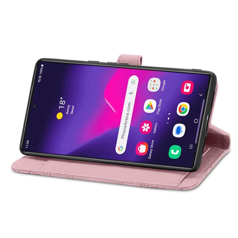 For Samsung Galaxy S24 Ultra Zipper Wallet Case with Strap Flower Imprint PU Leather Phone Cover - Pink