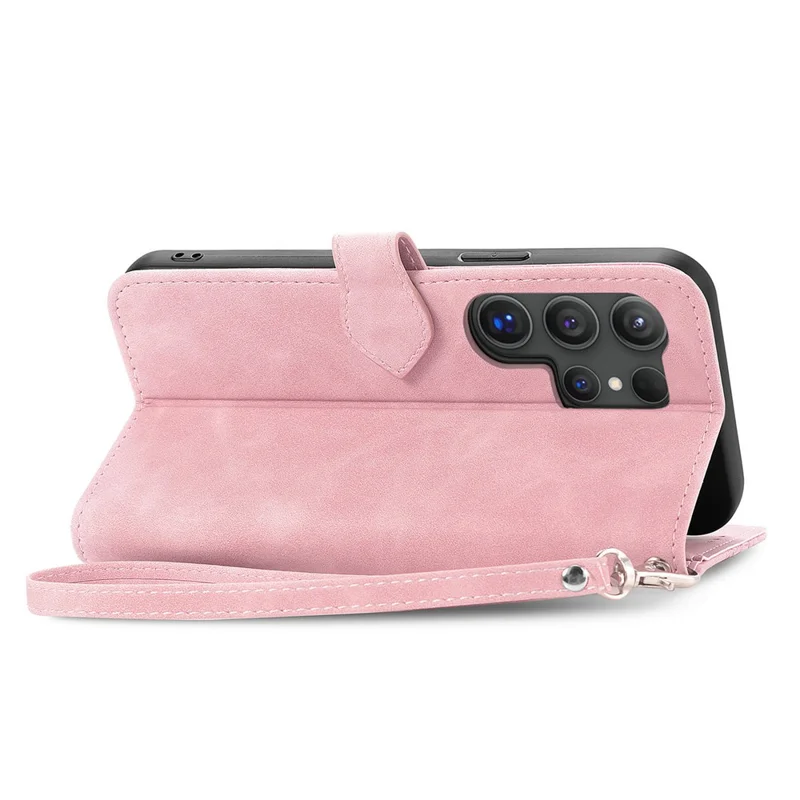 For Samsung Galaxy S24 Ultra Zipper Wallet Case with Strap Flower Imprint PU Leather Phone Cover - Pink