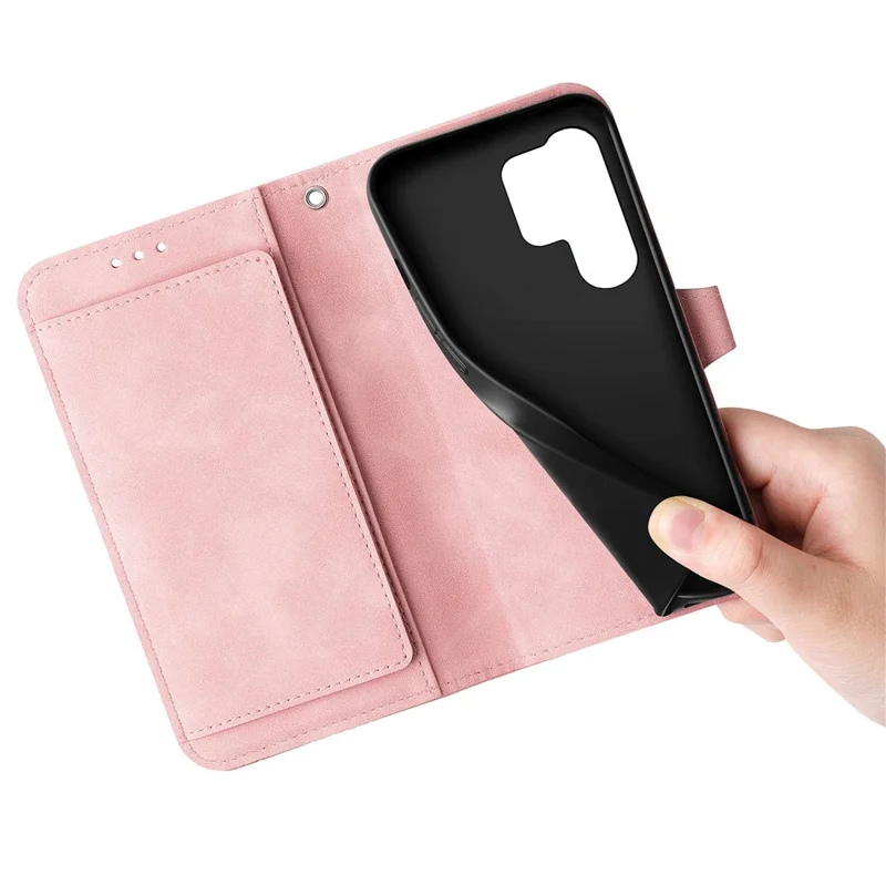 For Samsung Galaxy S24 Ultra Zipper Wallet Case with Strap Flower Imprint PU Leather Phone Cover - Pink