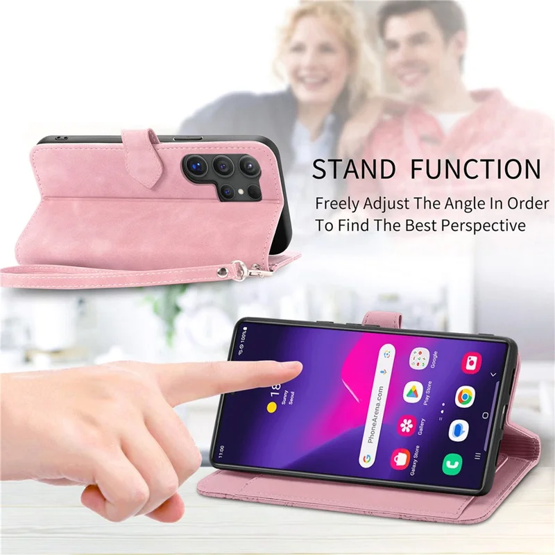 For Samsung Galaxy S24 Ultra Zipper Wallet Case with Strap Flower Imprint PU Leather Phone Cover - Pink