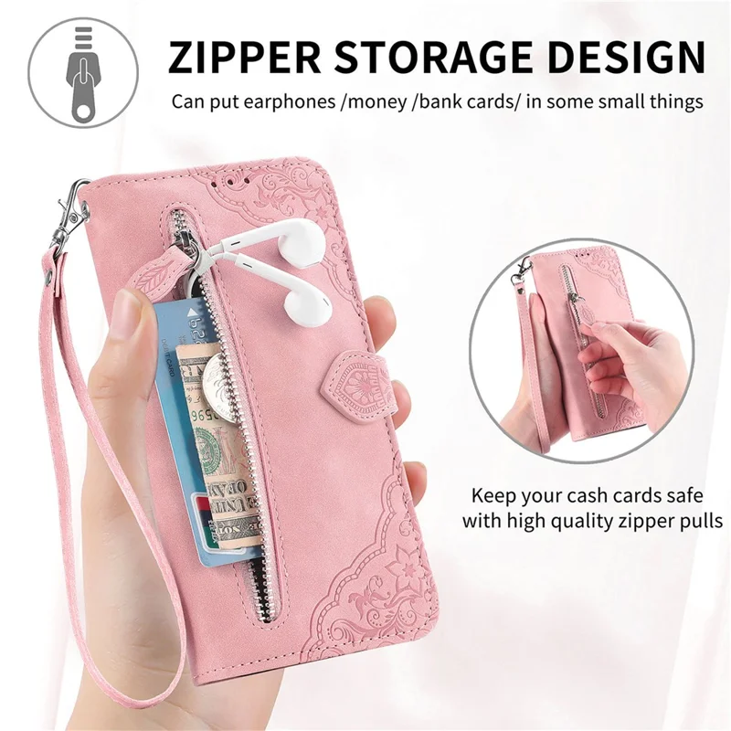 For Samsung Galaxy S24 Ultra Zipper Wallet Case with Strap Flower Imprint PU Leather Phone Cover - Pink
