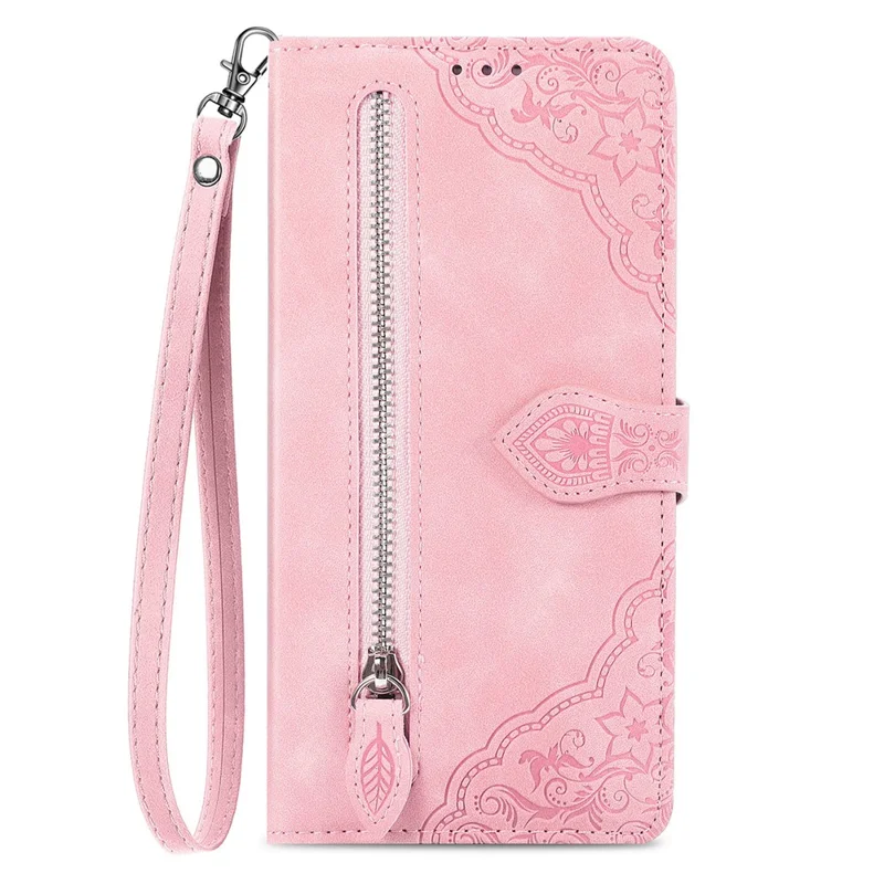 For Samsung Galaxy S24 Ultra Zipper Wallet Case with Strap Flower Imprint PU Leather Phone Cover - Pink