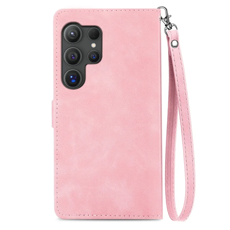 For Samsung Galaxy S24 Ultra Zipper Wallet Case with Strap Flower Imprint PU Leather Phone Cover - Pink