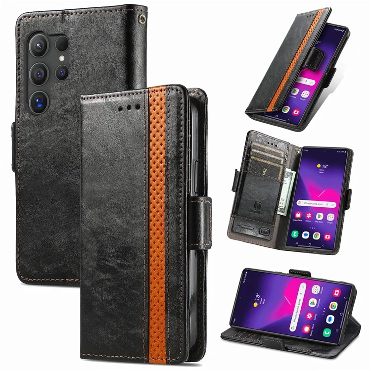 CASENEO 002 Serie Para Samsung Galaxy S24 Ultra Funda Bloqueo RFID Cartera Cuero Splice - Negro