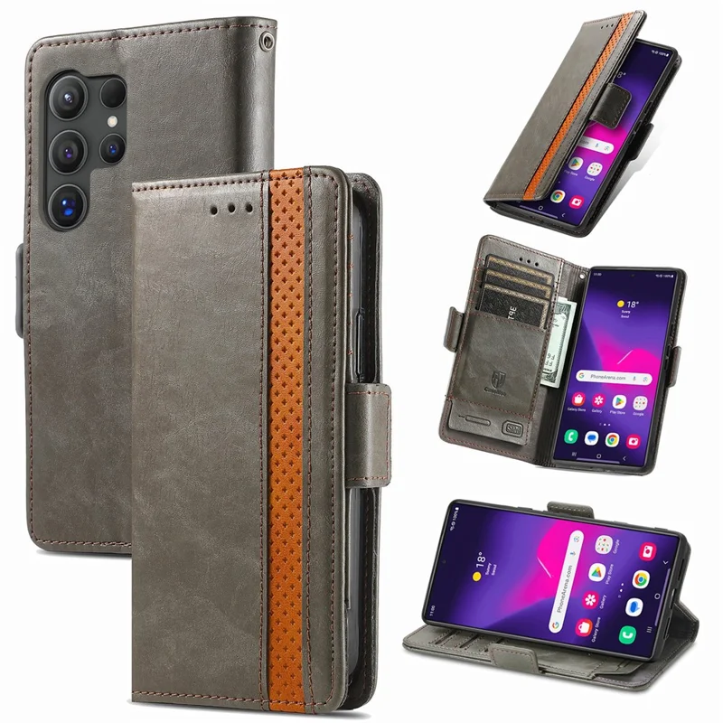 For Samsung Galaxy S24 Ultra Phone Cases CASENEO PU Leather Cover Stand with RFID Blocking Wallet - Grey