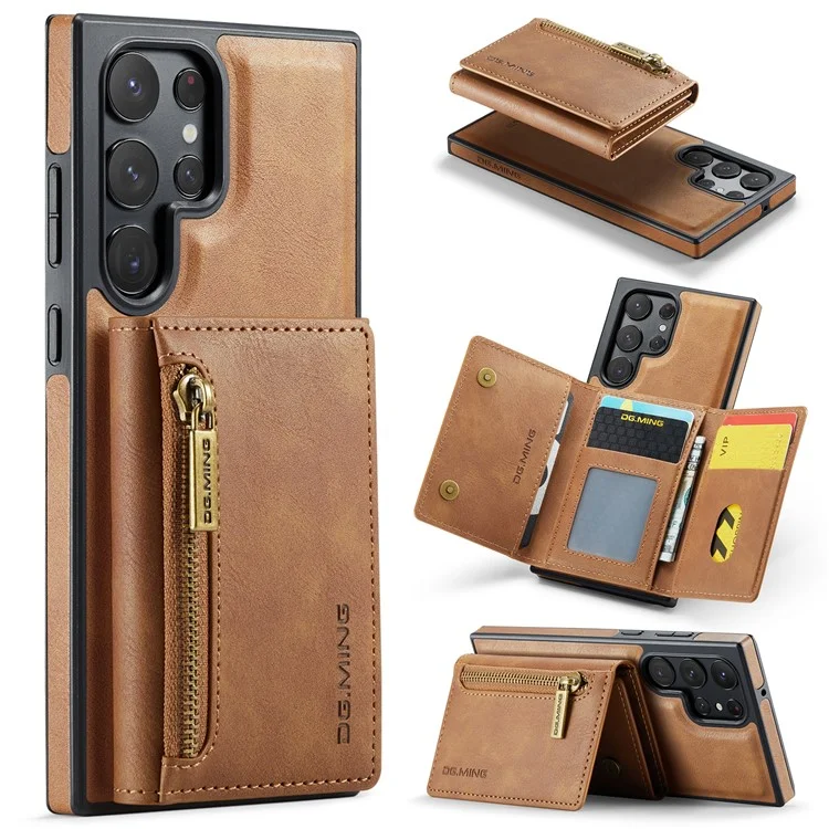 DG.MING M5 Series For Samsung Galaxy S22 Ultra 5G Case RFID Blocking Wallet Phone Cover - Brown