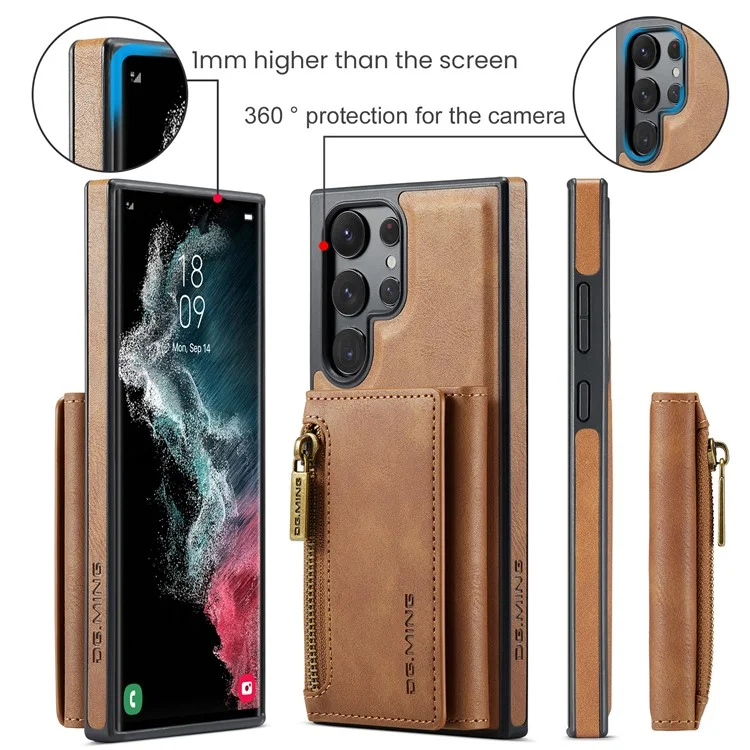 DG.MING M5 Series For Samsung Galaxy S22 Ultra 5G Case RFID Blocking Wallet Phone Cover - Brown