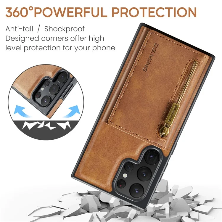 DG.MING M5 Series For Samsung Galaxy S22 Ultra 5G Case RFID Blocking Wallet Phone Cover - Brown
