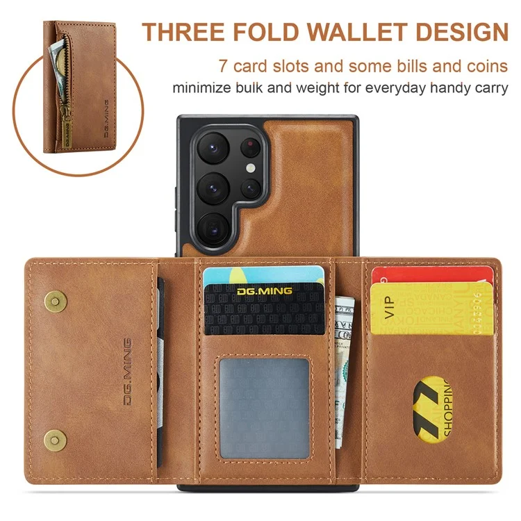 DG.MING M5 Series For Samsung Galaxy S22 Ultra 5G Case RFID Blocking Wallet Phone Cover - Brown