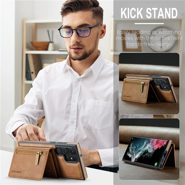 DG.MING M5 Series For Samsung Galaxy S22 Ultra 5G Case RFID Blocking Wallet Phone Cover - Brown
