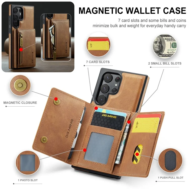 DG.MING M5 Series For Samsung Galaxy S22 Ultra 5G Case RFID Blocking Wallet Phone Cover - Brown