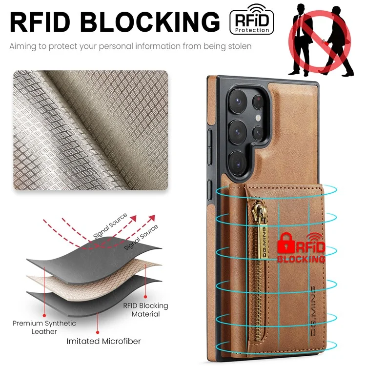 DG.MING M5 Series For Samsung Galaxy S22 Ultra 5G Case RFID Blocking Wallet Phone Cover - Brown