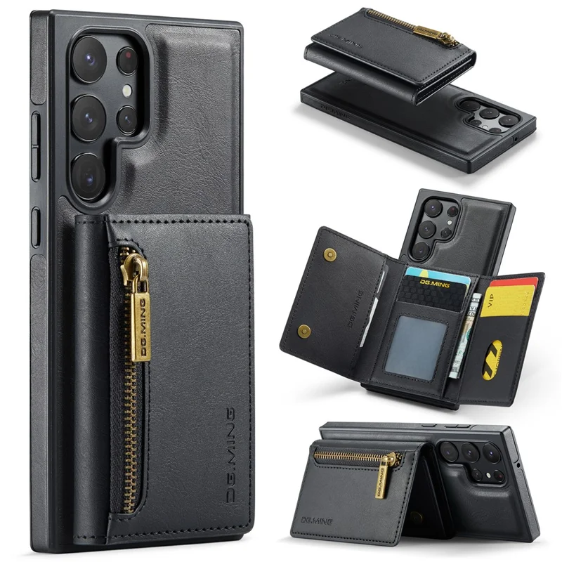 DG.MING M5 Series For Samsung Galaxy S22 Ultra 5G Case RFID Blocking Wallet Phone Cover - Black