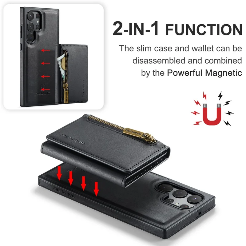 DG.MING M5 Series For Samsung Galaxy S22 Ultra 5G Case RFID Blocking Wallet Phone Cover - Black