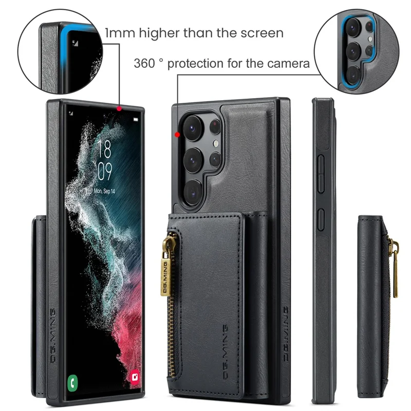 DG.MING M5 Series For Samsung Galaxy S22 Ultra 5G Case RFID Blocking Wallet Phone Cover - Black