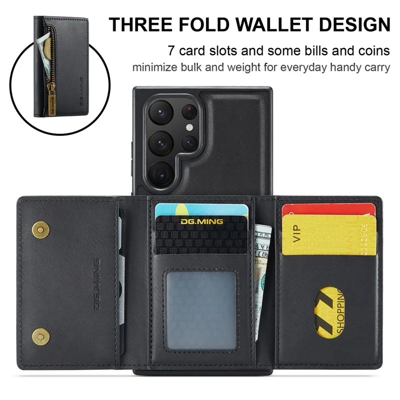 DG.MING M5 Series For Samsung Galaxy S22 Ultra 5G Case RFID Blocking Wallet Phone Cover - Black