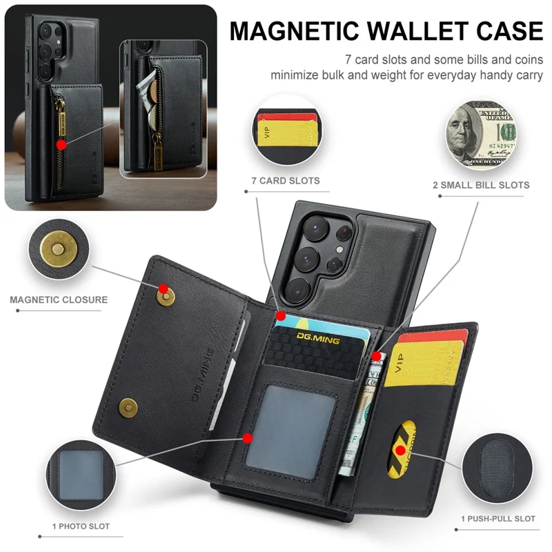 DG.MING M5 Series For Samsung Galaxy S22 Ultra 5G Case RFID Blocking Wallet Phone Cover - Black