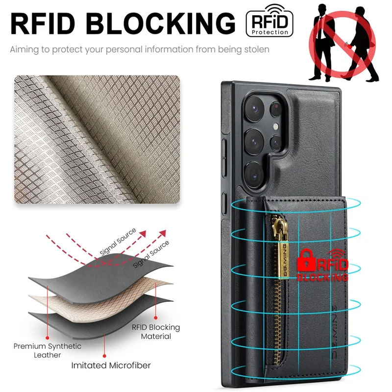 DG.MING M5 Series For Samsung Galaxy S22 Ultra 5G Case RFID Blocking Wallet Phone Cover - Black