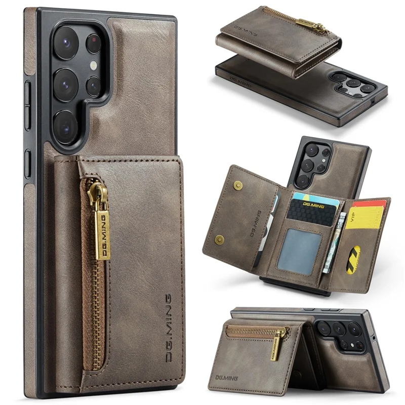 DG.MING M5 Series For Samsung Galaxy S22 Ultra 5G Case RFID Blocking Wallet Phone Cover - Coffee
