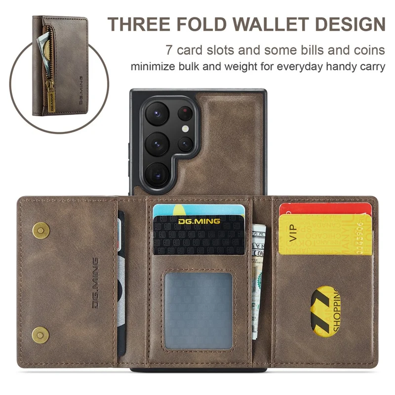 DG.MING M5 Series For Samsung Galaxy S22 Ultra 5G Case RFID Blocking Wallet Phone Cover - Coffee