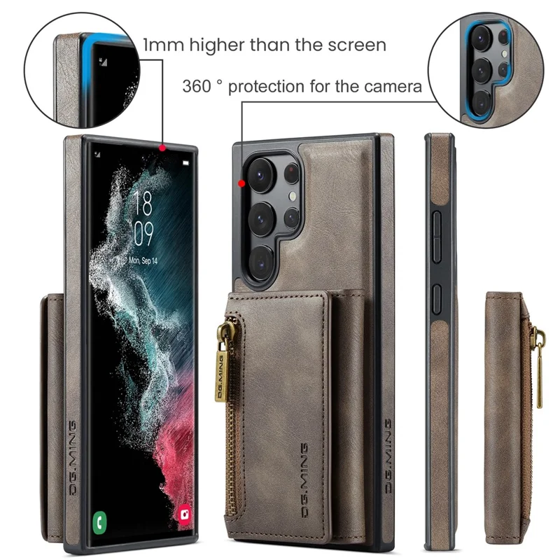 DG.MING M5 Series For Samsung Galaxy S22 Ultra 5G Case RFID Blocking Wallet Phone Cover - Coffee
