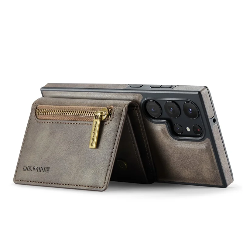 DG.MING M5 Series For Samsung Galaxy S22 Ultra 5G Case RFID Blocking Wallet Phone Cover - Coffee
