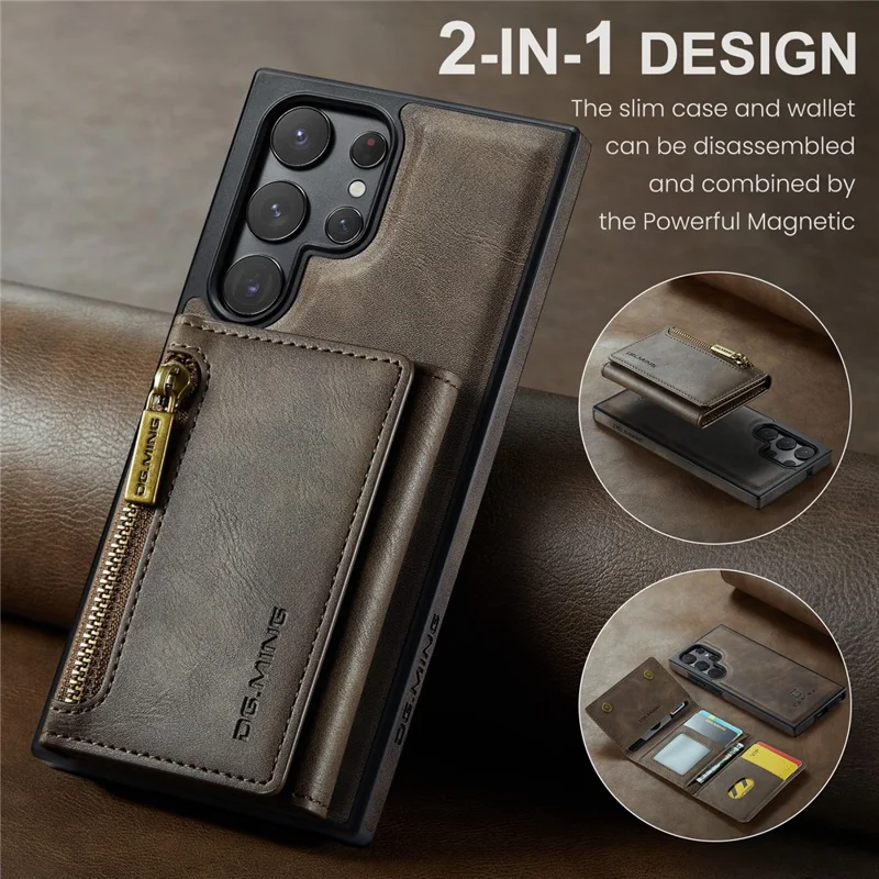 DG.MING M5 Series For Samsung Galaxy S22 Ultra 5G Case RFID Blocking Wallet Phone Cover - Coffee