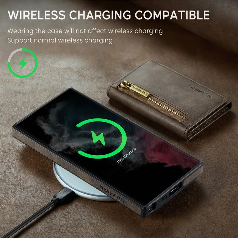 DG.MING M5 Series For Samsung Galaxy S22 Ultra 5G Case RFID Blocking Wallet Phone Cover - Coffee
