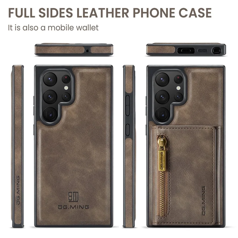 DG.MING M5 Series For Samsung Galaxy S22 Ultra 5G Case RFID Blocking Wallet Phone Cover - Coffee