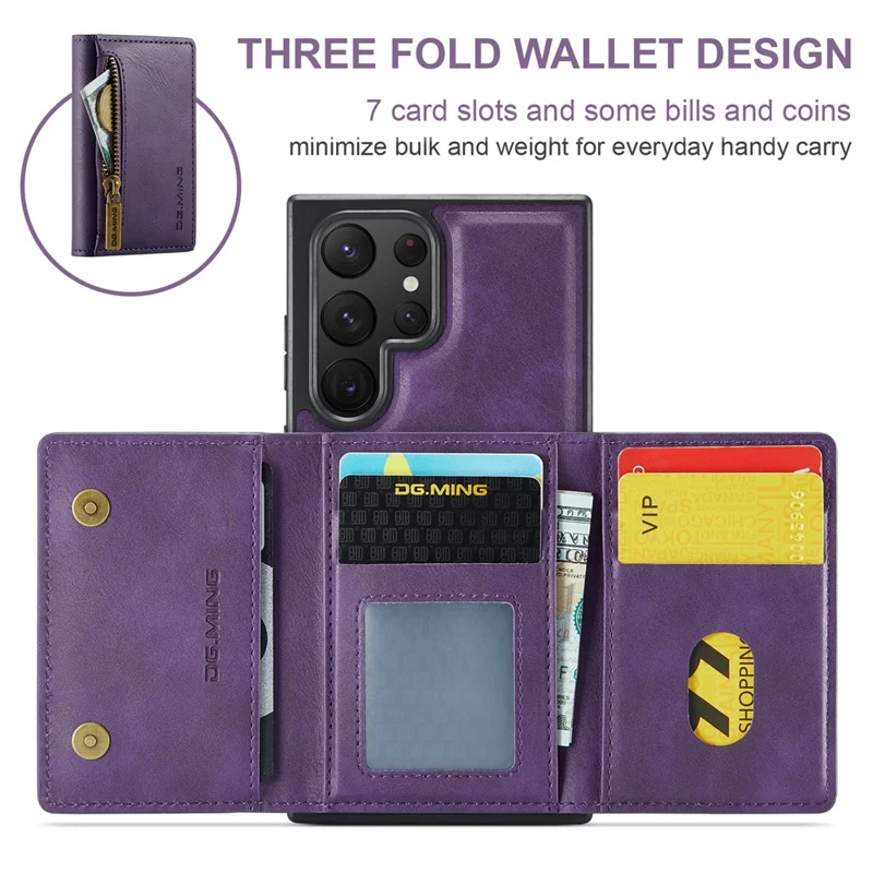 DG.MING M5 Series For Samsung Galaxy S22 Ultra 5G Case RFID Blocking Wallet Phone Cover - Purple
