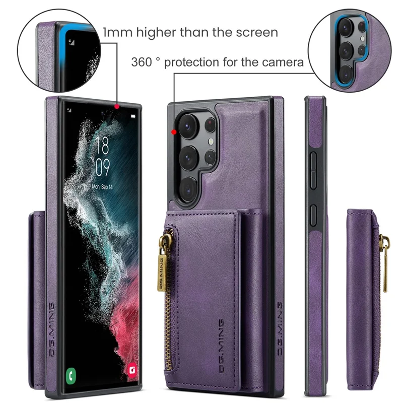 DG.MING M5 Series For Samsung Galaxy S22 Ultra 5G Case RFID Blocking Wallet Phone Cover - Purple