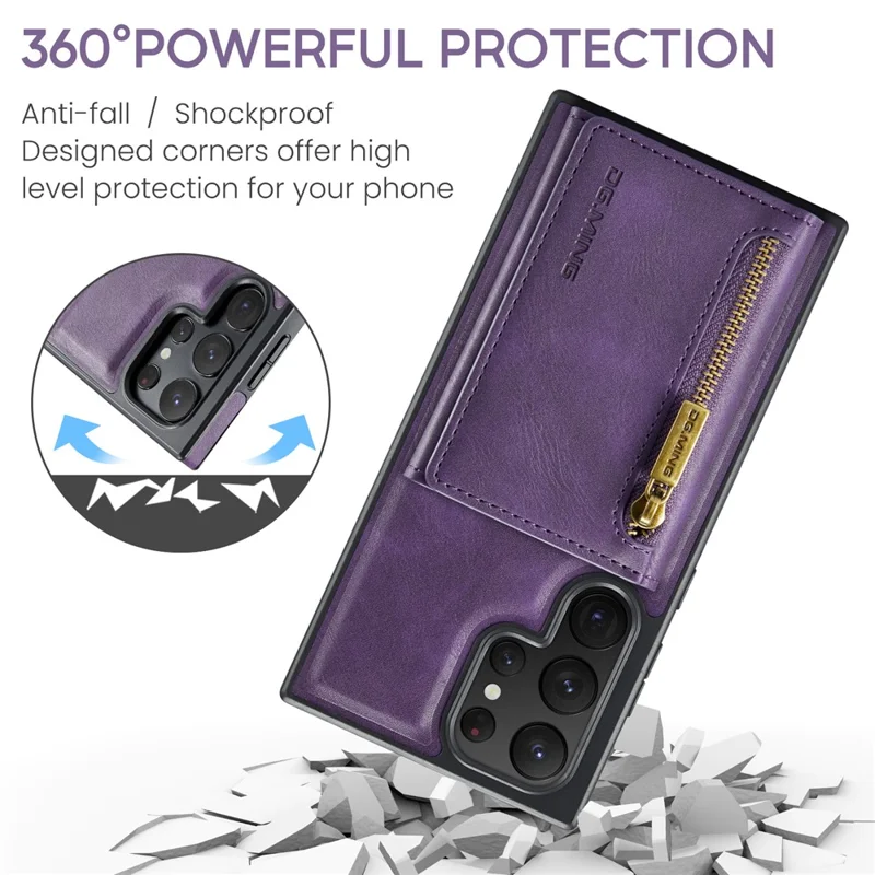 DG.MING M5 Series For Samsung Galaxy S22 Ultra 5G Case RFID Blocking Wallet Phone Cover - Purple
