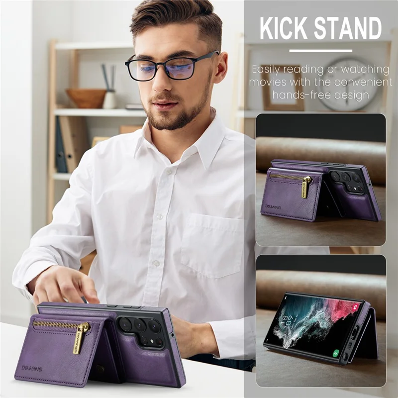 DG.MING M5 Series For Samsung Galaxy S22 Ultra 5G Case RFID Blocking Wallet Phone Cover - Purple