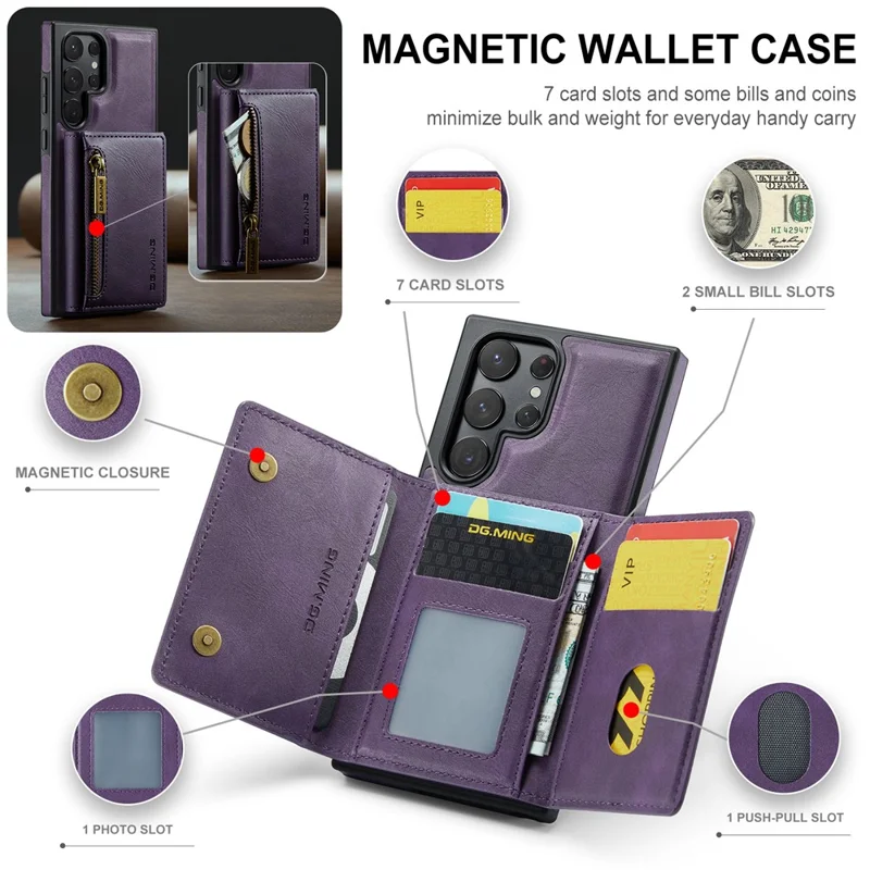 DG.MING M5 Series For Samsung Galaxy S22 Ultra 5G Case RFID Blocking Wallet Phone Cover - Purple