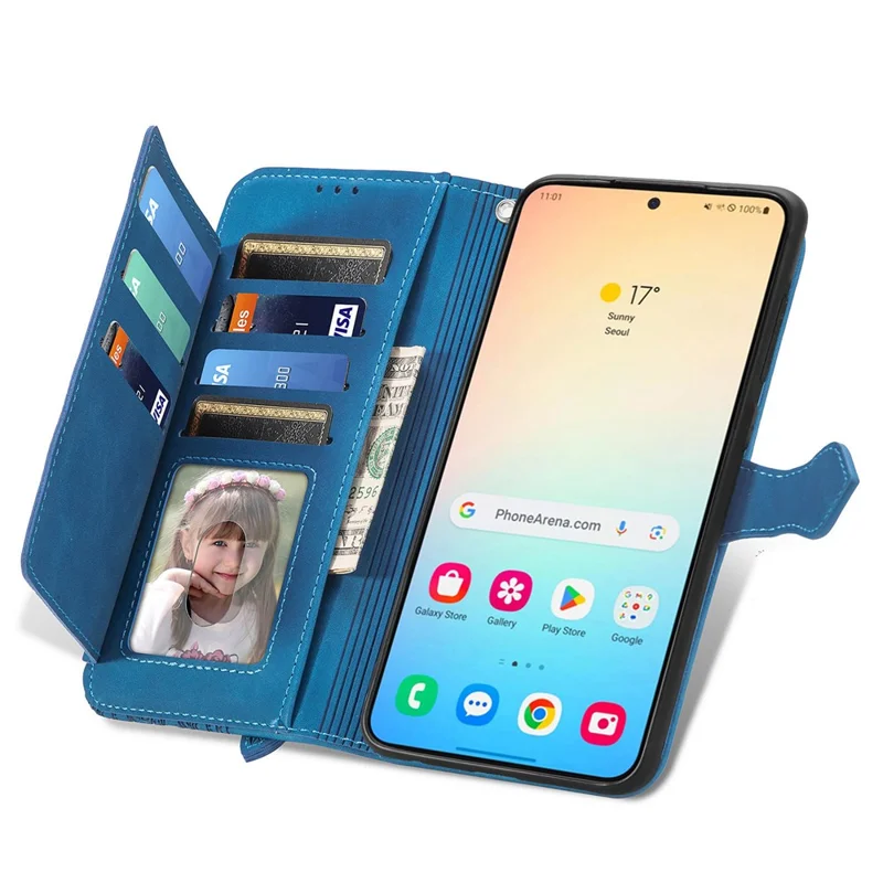 For Samsung Galaxy S24 Zipper Wallet Case with Strap Flower Imprint PU Leather Phone Cover - Blue