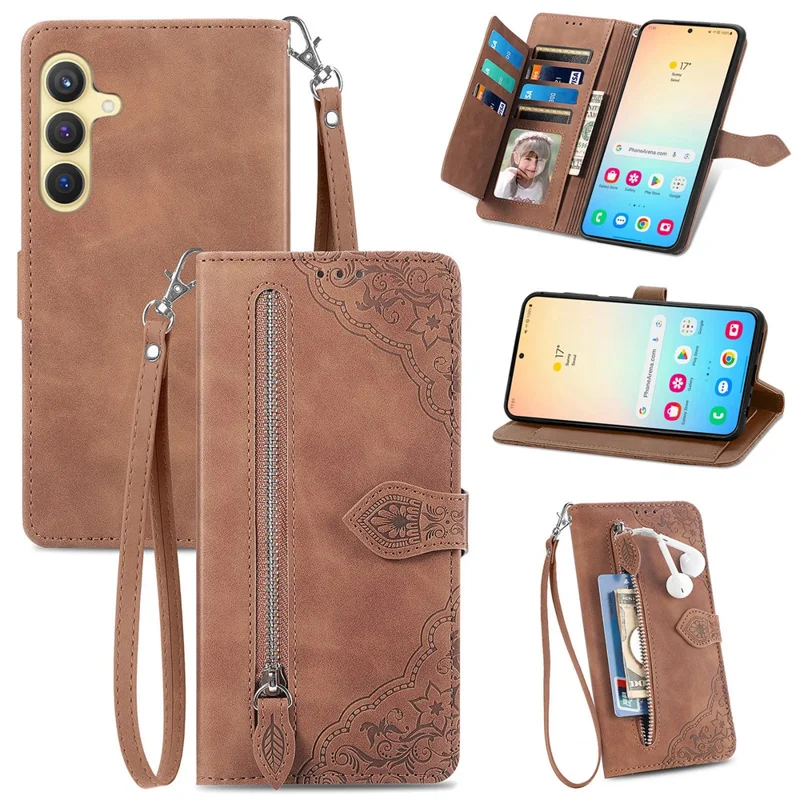 For Samsung Galaxy S24 Zipper Wallet Case with Strap Flower Imprint PU Leather Phone Cover - Brown