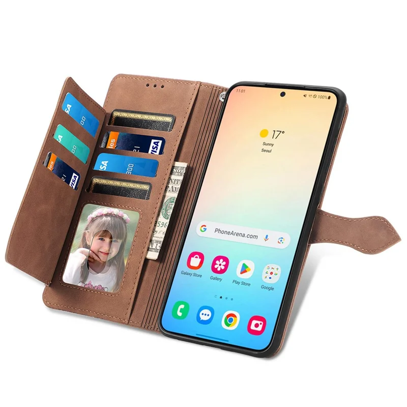 For Samsung Galaxy S24 Zipper Wallet Case with Strap Flower Imprint PU Leather Phone Cover - Brown