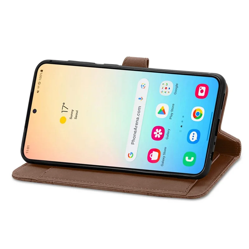 For Samsung Galaxy S24 Zipper Wallet Case with Strap Flower Imprint PU Leather Phone Cover - Brown