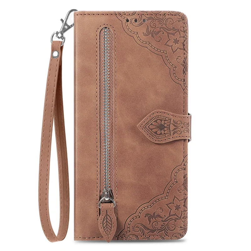 For Samsung Galaxy S24 Zipper Wallet Case with Strap Flower Imprint PU Leather Phone Cover - Brown