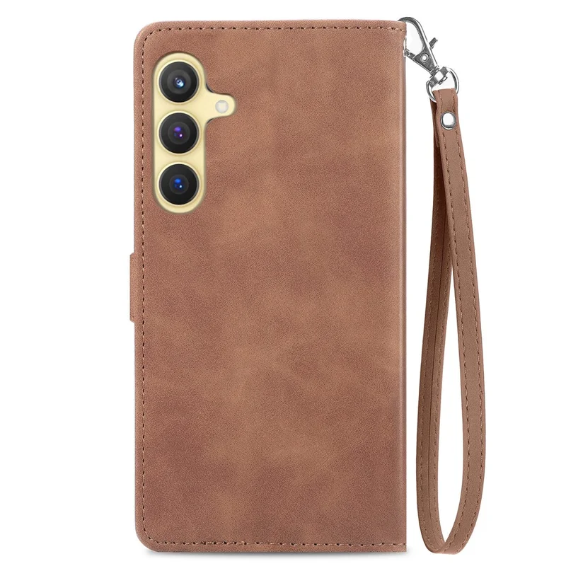 For Samsung Galaxy S24 Zipper Wallet Case with Strap Flower Imprint PU Leather Phone Cover - Brown