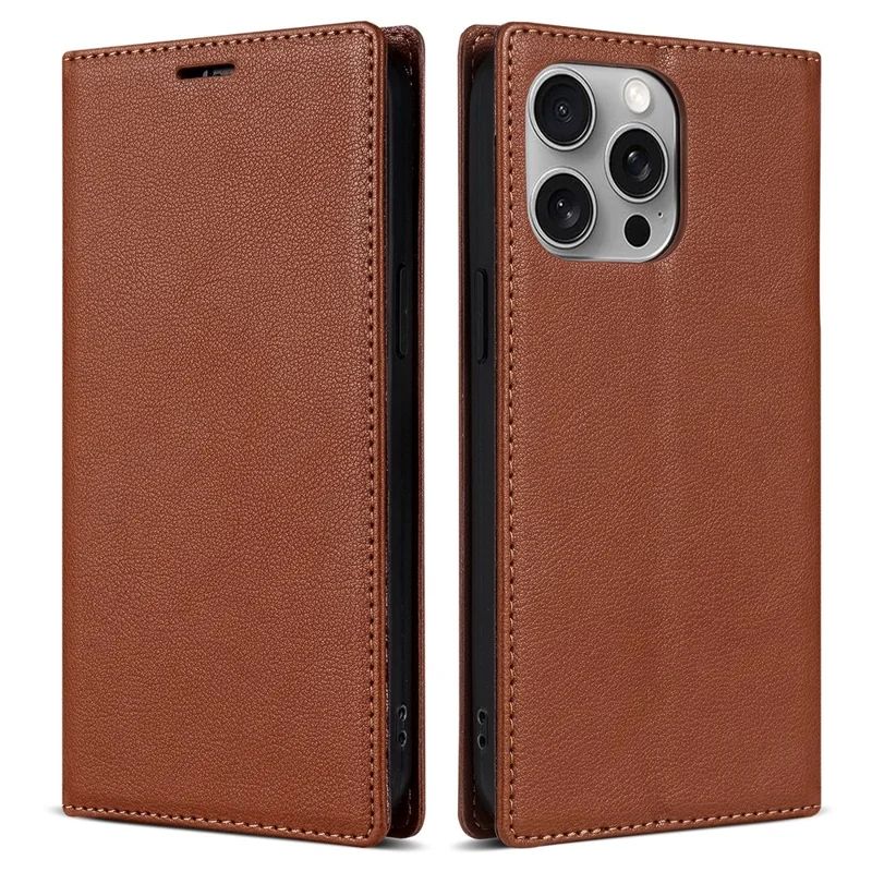 BKS-001 For iPhone 14 Pro Max Magnetic Case PU Leather Phone Stand Cover - Brown
