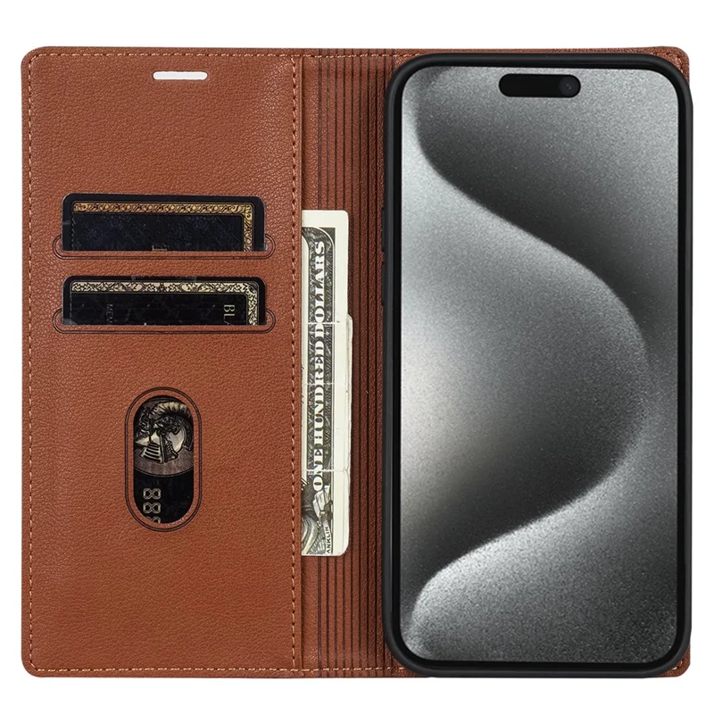BKS-001 For iPhone 14 Pro Max Magnetic Case PU Leather Phone Stand Cover - Brown