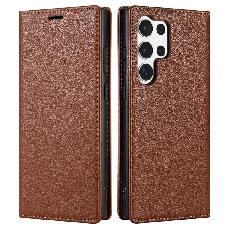 BKS-001 Voor Samsung Galaxy S23 Ultra hoesje Magnetische automatisch sluitende portemonnee telefoonhoes - Bruin