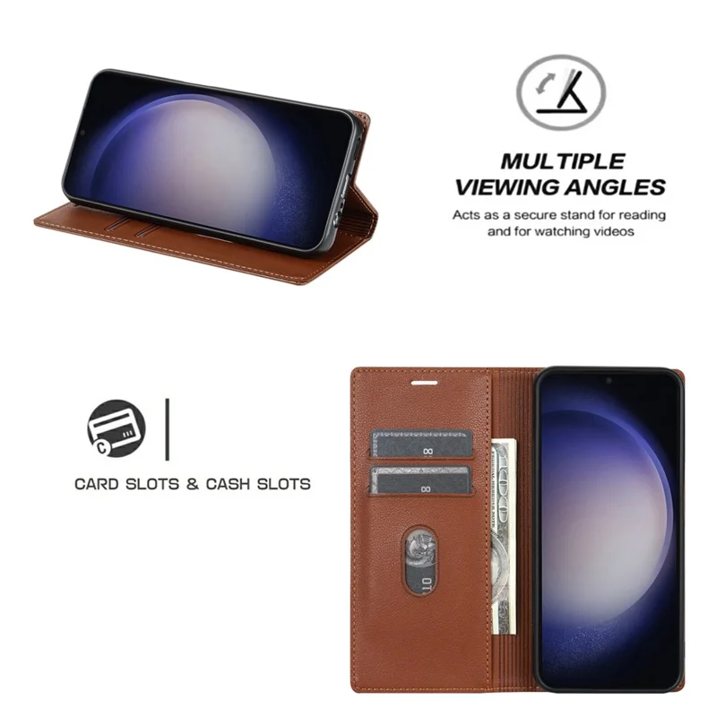 BKS-001 Voor Samsung Galaxy S23 Ultra hoesje Magnetische automatisch sluitende portemonnee telefoonhoes - Bruin