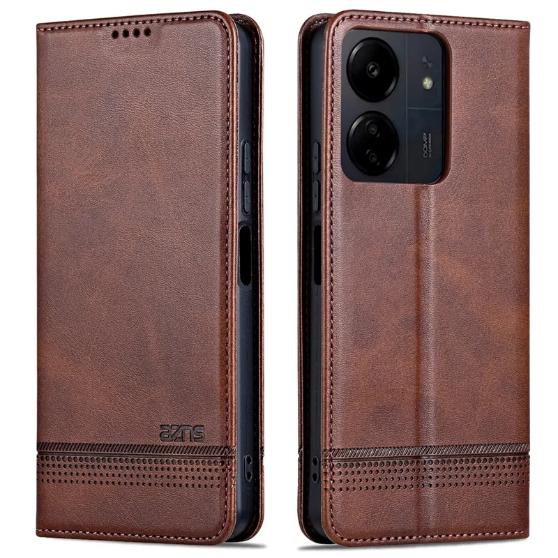 AZNS For Xiaomi 13C 4G / 13C 5G / Poco C65 4G / Poco M6 5G / 13R 5G Leather Case Wallet Magnetic Phone Cover - Coffee