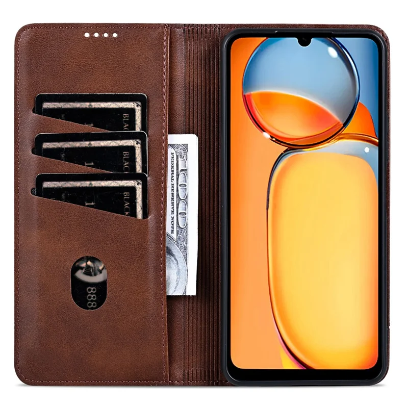 AZNS For Xiaomi 13C 4G / 13C 5G / Poco C65 4G / Poco M6 5G / 13R 5G Leather Case Wallet Magnetic Phone Cover - Coffee