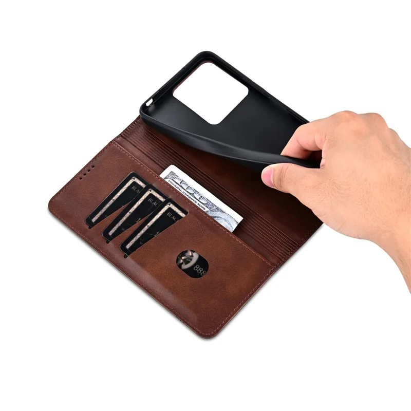 AZNS For Xiaomi 13C 4G / 13C 5G / Poco C65 4G / Poco M6 5G / 13R 5G Leather Case Wallet Magnetic Phone Cover - Coffee