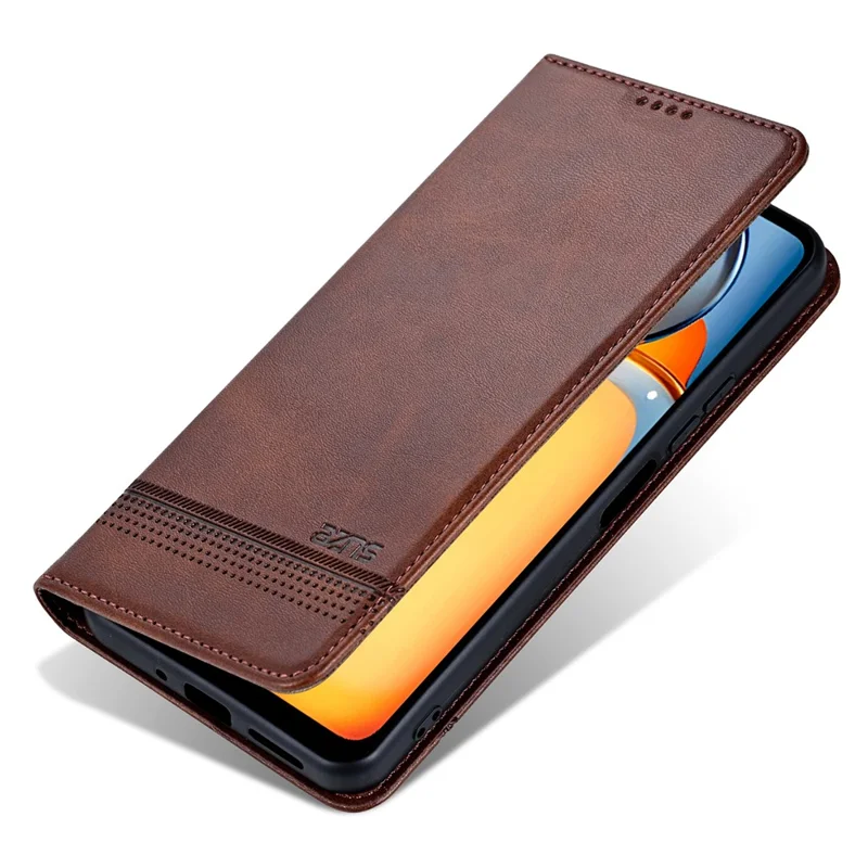 AZNS For Xiaomi 13C 4G / 13C 5G / Poco C65 4G / Poco M6 5G / 13R 5G Leather Case Wallet Magnetic Phone Cover - Coffee