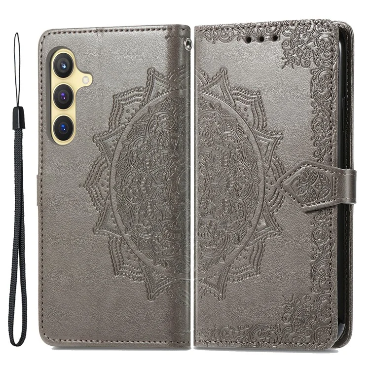 For Samsung Galaxy S24 Phone Case PU Leather Embossed Mandala Wallet Cover - Grey