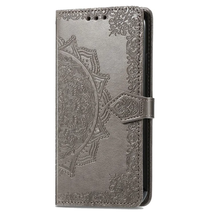 For Samsung Galaxy S24 Phone Case PU Leather Embossed Mandala Wallet Cover - Grey